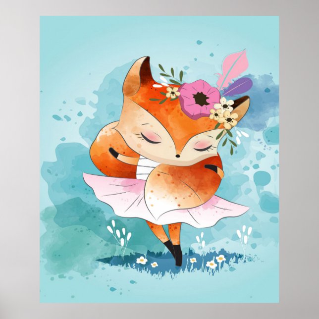 Affiche Cartoon Little Fox | Jovely Fox Floral (Devant)
