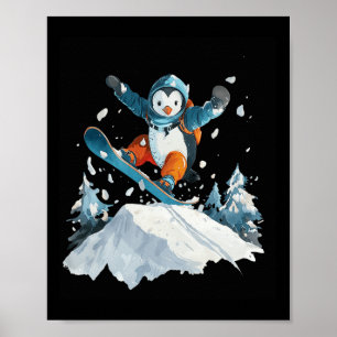 Affiche Cartoon Penguin Snowboard Aventure Hiver