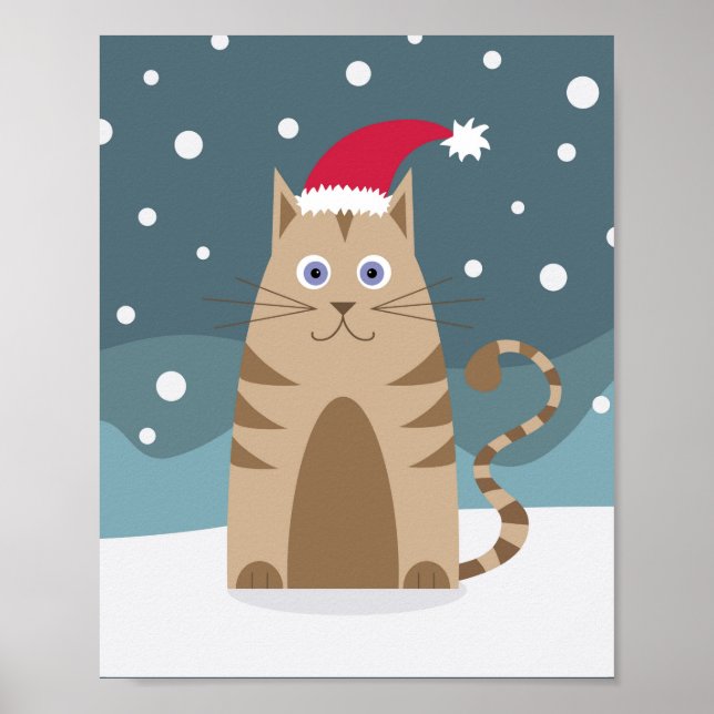 Affiche Cartoon père Noël chaton dans la neige xmas paysag (Devant)