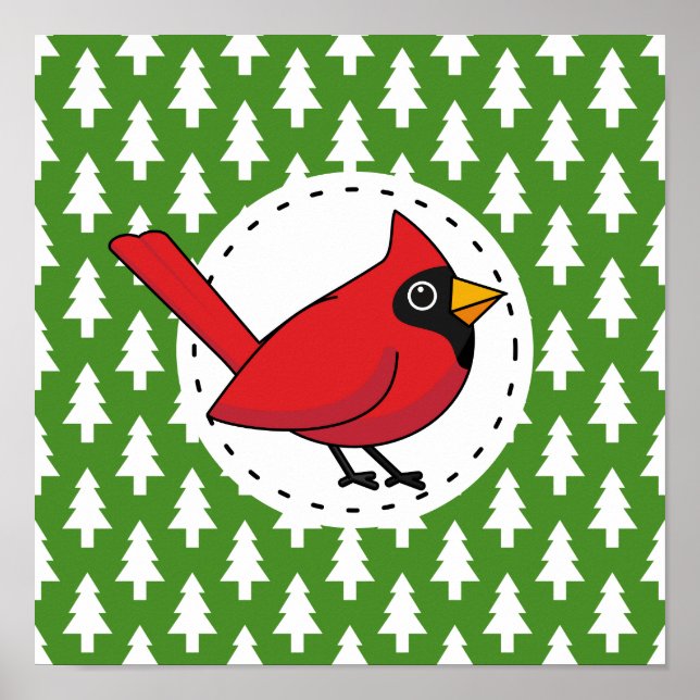 Affiche Cartoon Red Cardinal on Green White Pines Pattern (Devant)