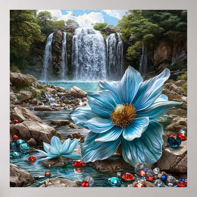 Affiche 🌊 Cascade bleue Fleurs épanouies Sérénité de la n (Devant)