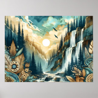 Affiche Cascade de Forest Mountain Boho Motif naturel