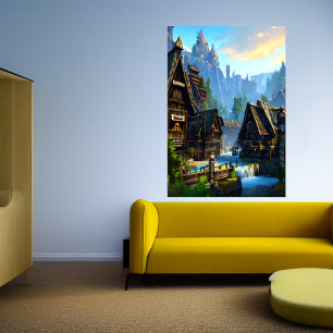 Affiche Cascade de la ville viking et montagne   Art AI