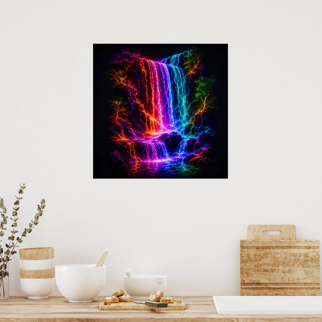 Affiche Cascade d'eau à spectre électrique avec arbres lum (Cuisine)