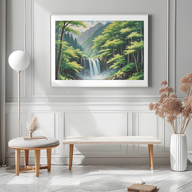 Affiche Cascade japonaise dans la nature - Peinture à l'hu (Japanese Waterfall in Nature—Serene Oil Painting Mockup 1)