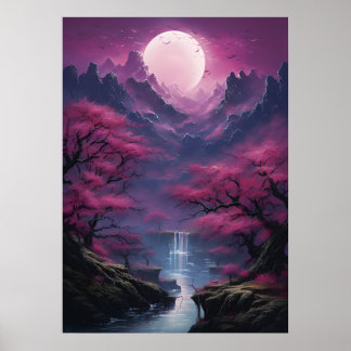 Affiche Cascade lune et paysage coloré