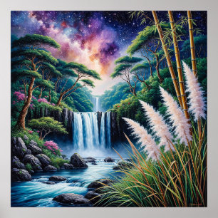 Affiche Cascade Majestueuse dans une Forêt Luxuriante sous