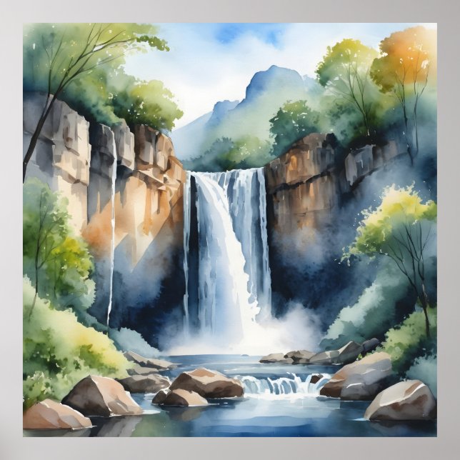 Affiche Cascade peinte à l'aquarelle (Devant)