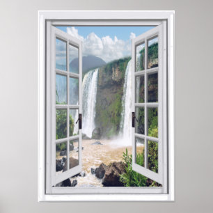 Affiche Cascade Vue Trompe l'oeil Fenêtre Faux