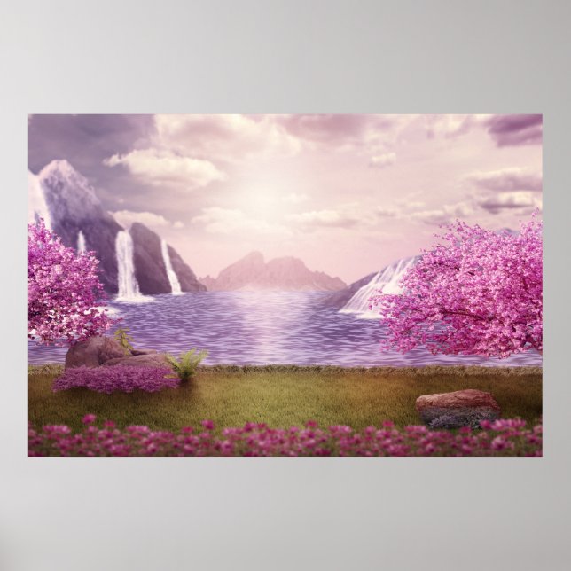 Affiche Cascades et cerisiers autour d'un lac (Devant)