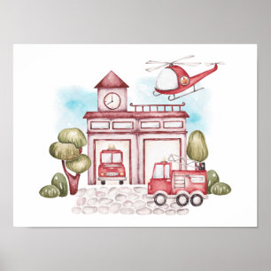 Affiche Caserne de pompiers pour enfants à l'aquarelle rêv