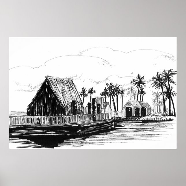 Affiche Cases de l'île tropicale Palmiers Totems (Devant)