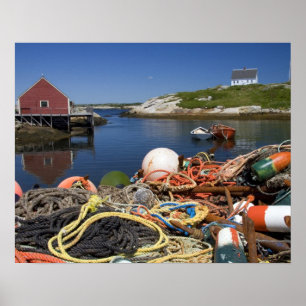 Affiche Casiers à homards, bouées et cordes sur le quai à