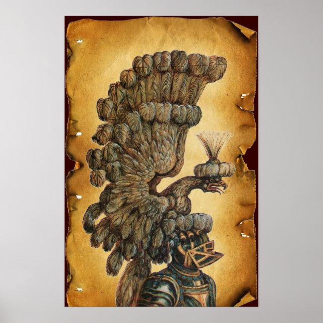 AFFICHE CASQUE DE CHEVALIER ANTIQUE AVEC PARCHEMIN D'AIGLE (Devant)