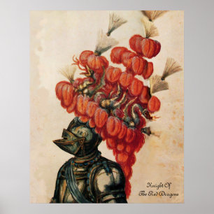 AFFICHE CASQUE DE CHEVALIER ANTIQUE, DRAGONS ET PIEDS ROUG