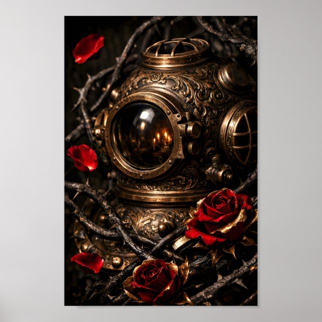 Affiche Casque de plongeur Steampunk Antique Rose Rouge Ar (Devant)