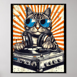 Affiche Casque Dj Chat Tourne-Disque Musique Vintage Edm H