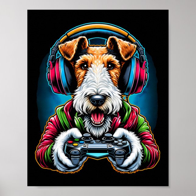 Affiche Casque Jeux Vidéo Fil Fox Terrier Chien Gaming  (Devant)