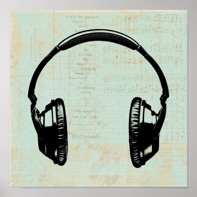Affiche Casque Musique Illustration Vintage Mint Green (Devant)