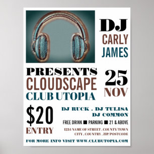 Affiche Casques, DJ, Club Event Advertising