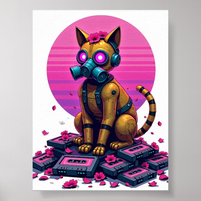Affiche Cassette Vaporwave Robot Chat Rustique Post Apoca (Devant)