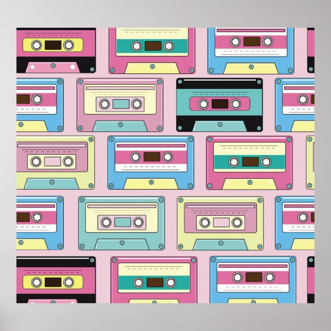 Affiche cassettes colorées, motif arrière - plan rose. (Devant)