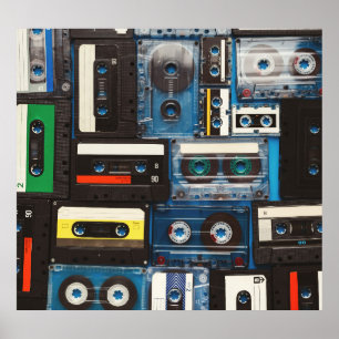 Affiche Cassettes rétro : Bleu Arrière - plan Vintage.