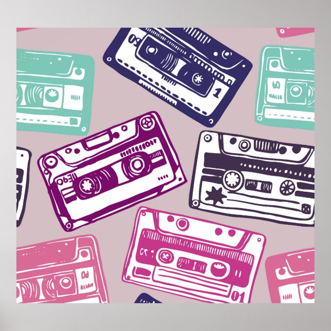 Affiche cassettes rétro, motif dessiné à la main. (Devant)