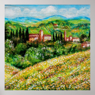 AFFICHE CASTELS EN CHIANTI PAYSAGE, CHAMPS DE FLEURS JAUNE