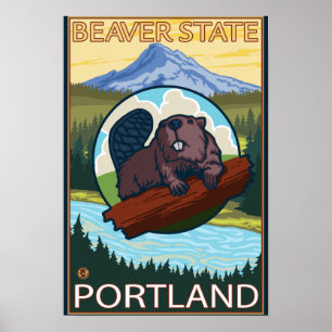 Affiche Castor et capot de Mt. - Portland, Orégon