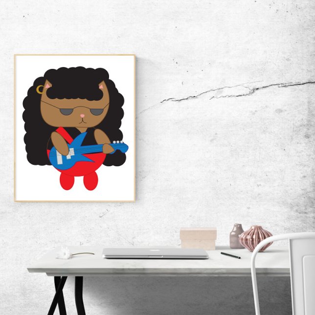 Affiche Cat 80s Lourd Métal Coiffure Baid (A fun poster of a cat dressed up as a member of a hair metal band playing bass.)