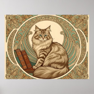 Affiche cat and books framed with geometrical ornament