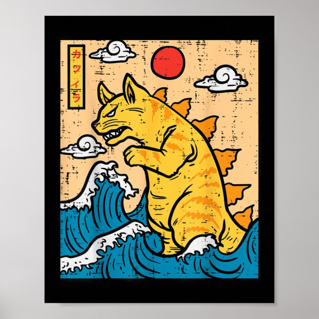 Affiche Cat Catzilla Funny Japonais Wave Art Hommes Femmes (Devant)