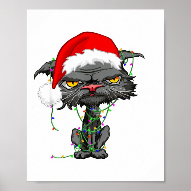 Affiche Cat Christmas Lights Bored Cat Santa Hat Funny Cat (Devant)