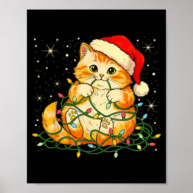 Affiche Cat Christmas Lights Santa Hat Xmas Cats Lover Pet (Devant)