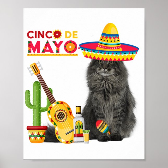 Affiche Cat Cinco De Mayo Aimer Guitare Cactus Boire Amour (Devant)