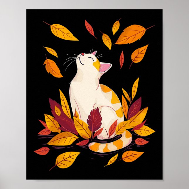 Affiche Cat Fall Leaf Tree Bonjour Automne Thankgiving (Devant)