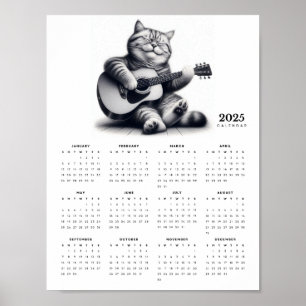 Affiche Cat Guitariste 2025 Calendrier Feline Musicale Fin