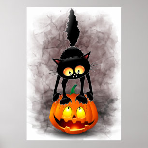 Affiche Cat Halloween Scared Cartoon Character standing on