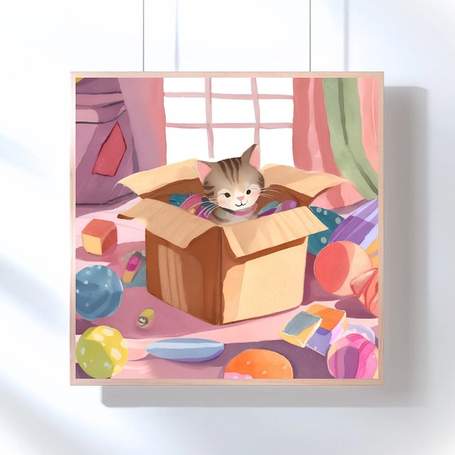 Affiche Cat in Cardboard Box | Kitten Watercolor Cat (Créateur téléchargé)