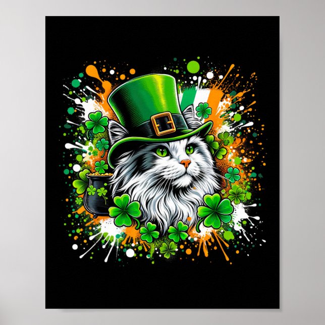 Affiche Cat Irish Patricks Day portant le Casquette Leprec (Devant)