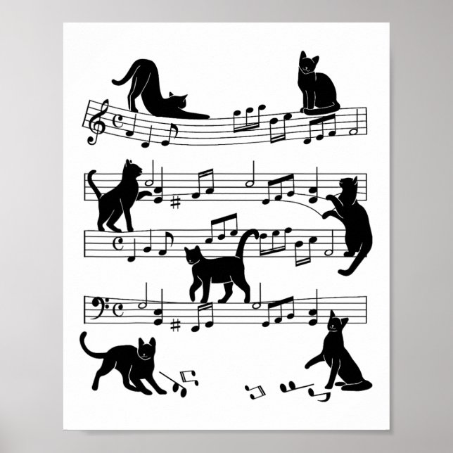 Affiche Cat Kitty Jouer Musique Clef Piano Musicien Art (Devant)