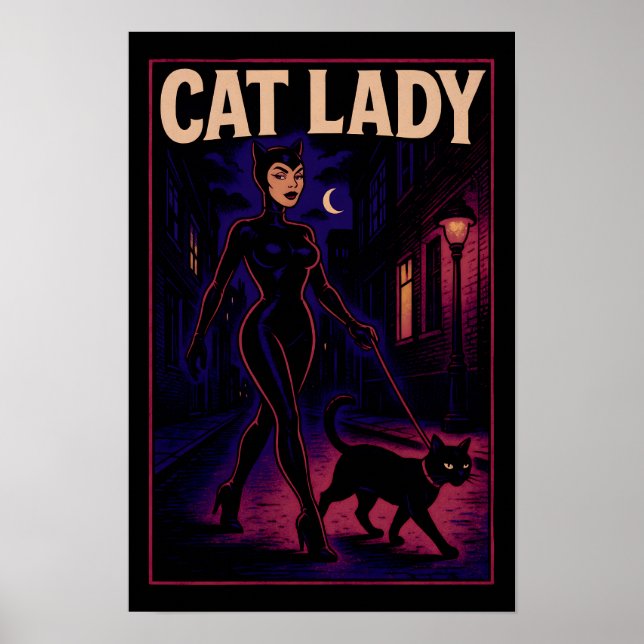 Affiche Cat Lady -Cats Art Lover- City Night Comic Graphic (Devant)