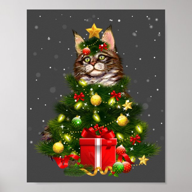 Affiche Cat Maine Coon Cat Xmas Tree Lights Cat Lover Ugly (Devant)