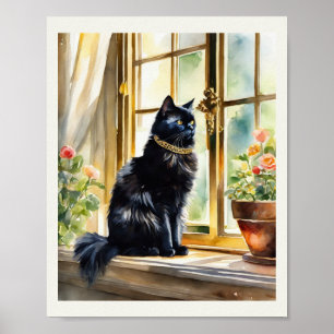 Affiche Cat perse noir aquarelle couleur or col