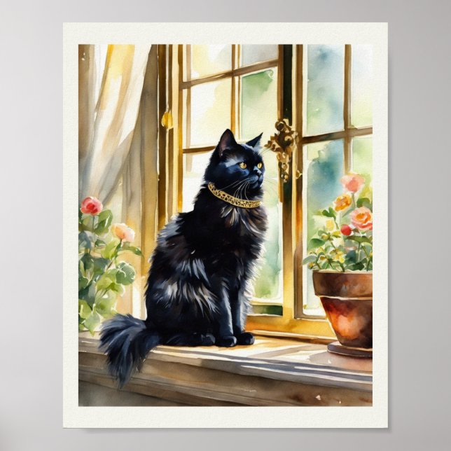 Affiche Cat perse noir aquarelle couleur or col (Devant)