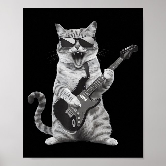 Affiche Cat Playing Guitar Rock Star Rock And Roll Men Wom (Devant)