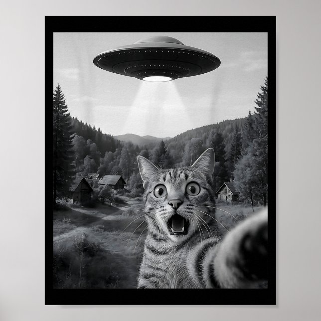 Affiche Cat Selfie With Alien Ufo Funny Cat Funny Ed Cat  (Devant)