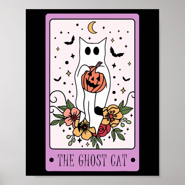Affiche Cat Tarot Card Ghost Halloween Citrouille Chat Lov (Devant)