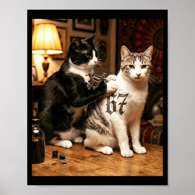 Affiche Cat Tattoo Artist 67 Six Seven Seis Siete Brain Ro (Devant)